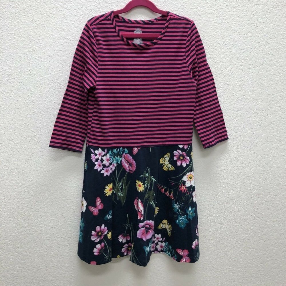 Girls Wonder Nation Knit Stripe and Floral Dress Blue Fuschia Large 10/12
